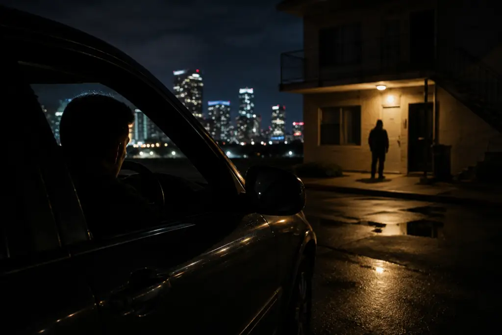Silhouette of a person watching from a car at night, symbolizing the waiting and tracking aspect of bounty hunting.