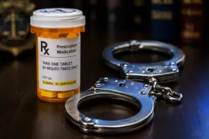 Prescription pill bottle and handcuffs side by side, symbolizing the intersection of health and the justice system.