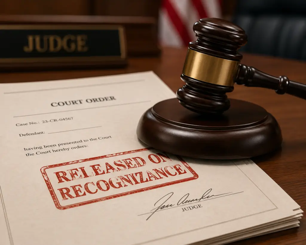 Justice scales with “Cash Bail” on one side and “Recognizance” on the other, symbolizing the difference.