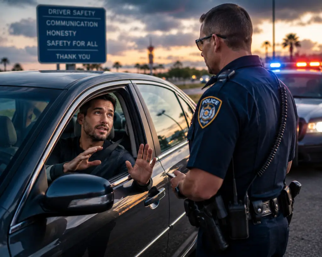 Police officer approaching a car with the driver calmly informing about a firearm, symbolizing communication and safety.