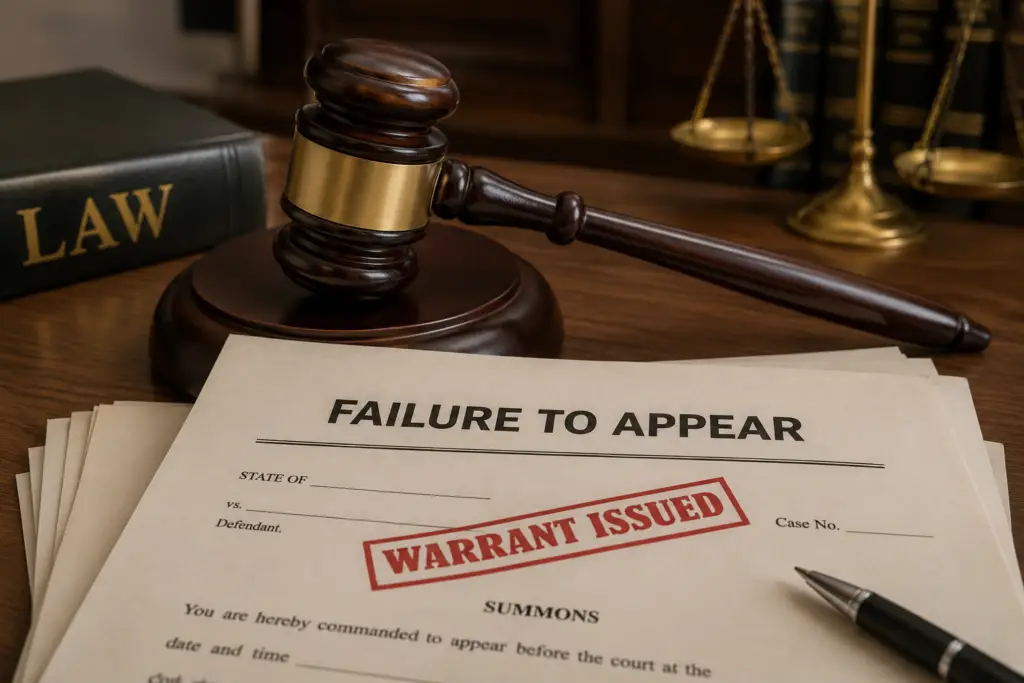 Judge’s gavel with paperwork labeled “Failure to Appear,” symbolizing the legal fallout of skipping bail.
