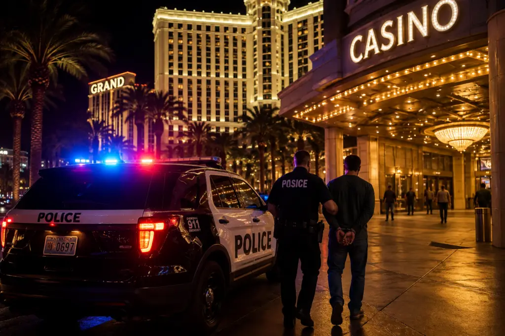 police lights flashing outside a casino or hotel, symbolizing arrests related to alcohol.