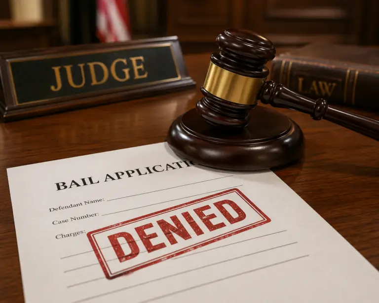 Judge’s gavel with a “Denied” stamp on bail paperwork, symbolizing the decision.