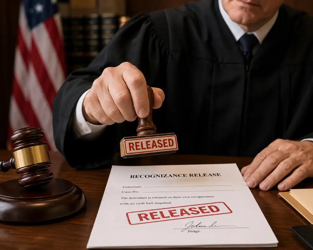 Judge stamping “Released” on paperwork, symbolizing recognizance release.