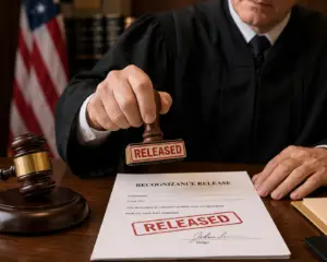 Judge stamping “Released” on paperwork, symbolizing recognizance release.