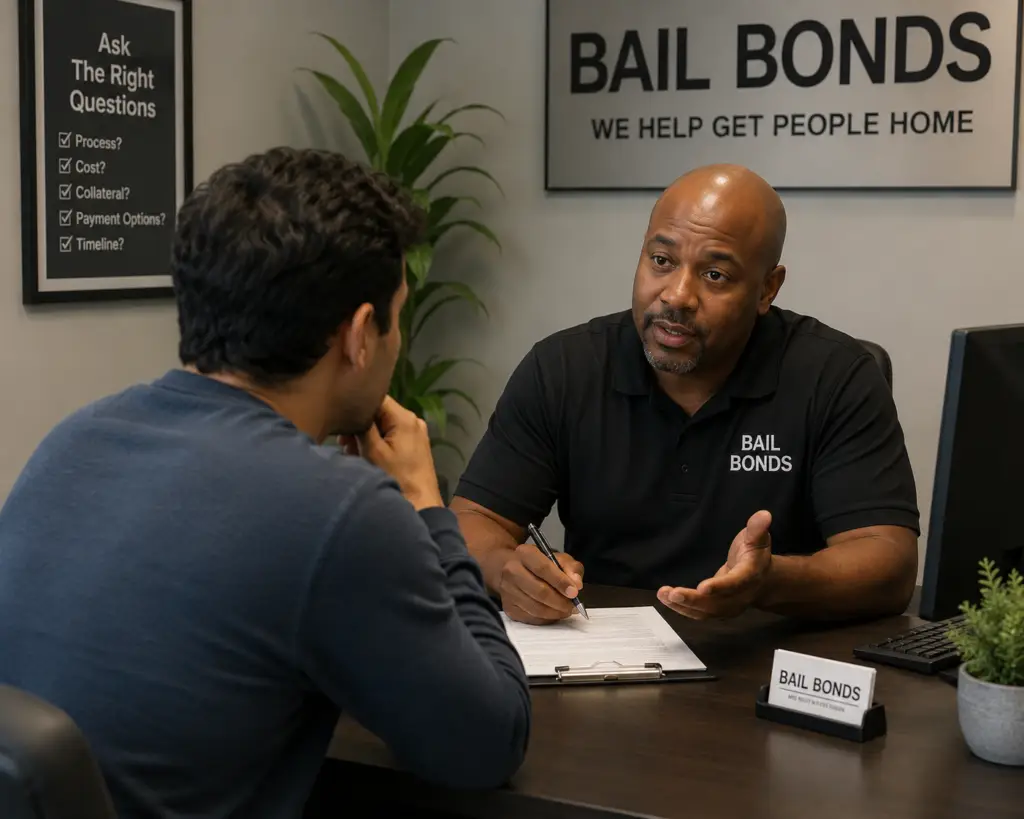 Person speaking with a bail bond agent across a desk, symbolizing asking the right questions.
