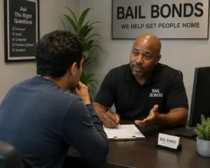 Person speaking with a bail bond agent across a desk, symbolizing asking the right questions.