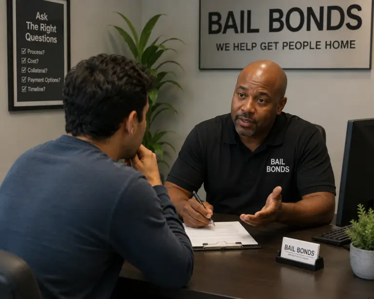 Person speaking with a bail bond agent across a desk, symbolizing asking the right questions.