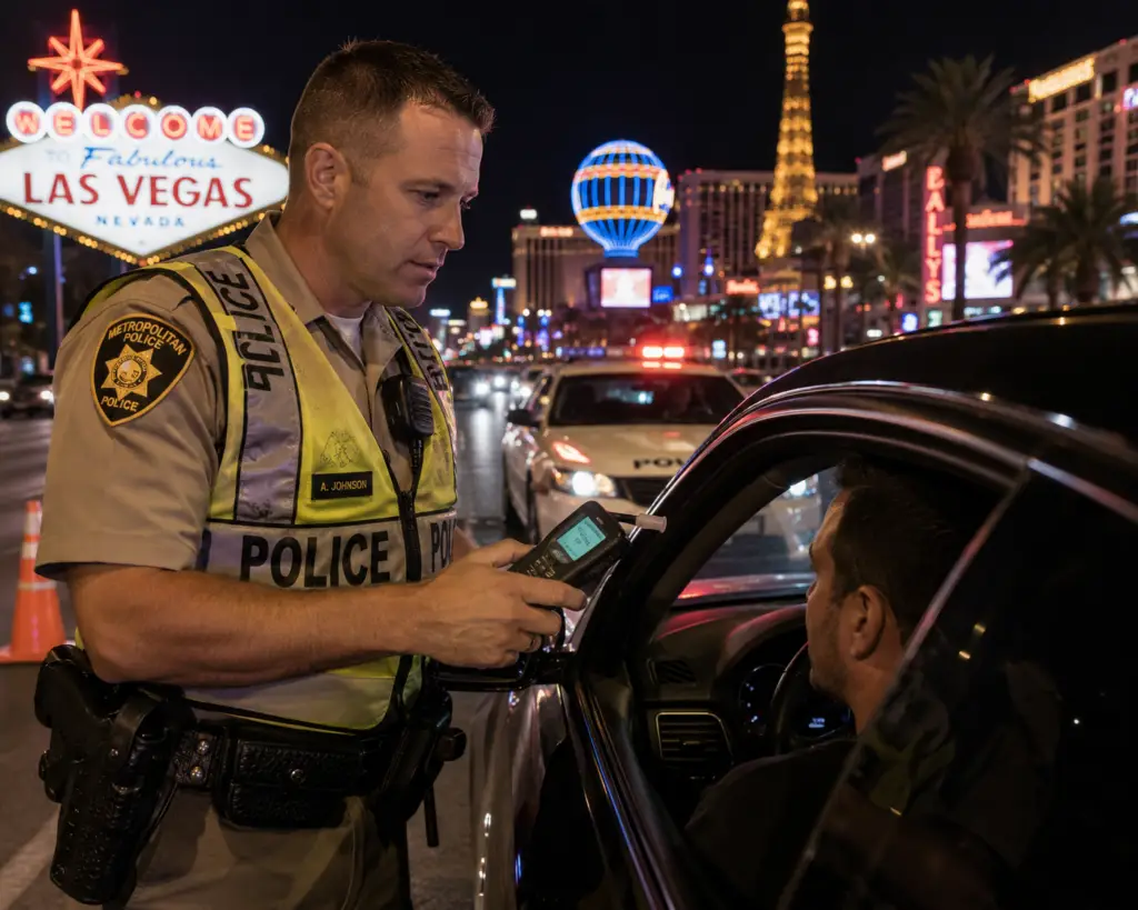 Police officer holding a breathalyzer during a traffic stop in Las Vegas.