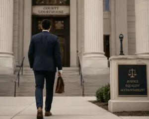Person in formal attire walking into a courthouse, symbolizing responsibility and preparedness.