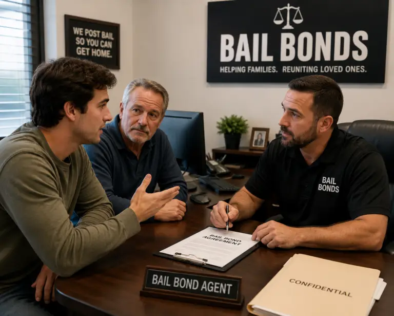 Adult child speaking with a bail bond agent while their parent looks on, symbolizing guidance and responsibility.
