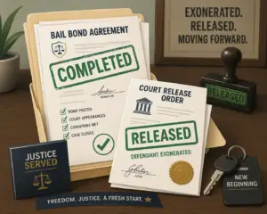 Judge’s gavel with the word “Exonerated” stamped across paperwork, symbolizing the legal outcome.