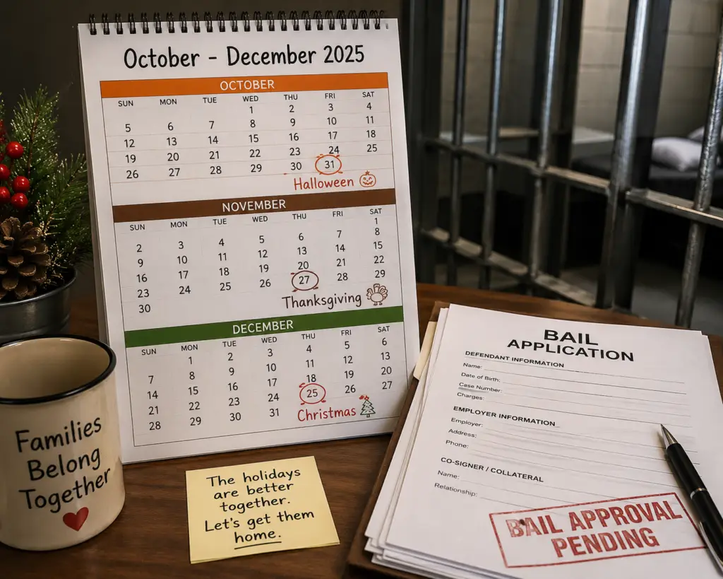 Calendar marked with holidays (Halloween, Thanksgiving, Christmas) alongside jail bars or bail paperwork.