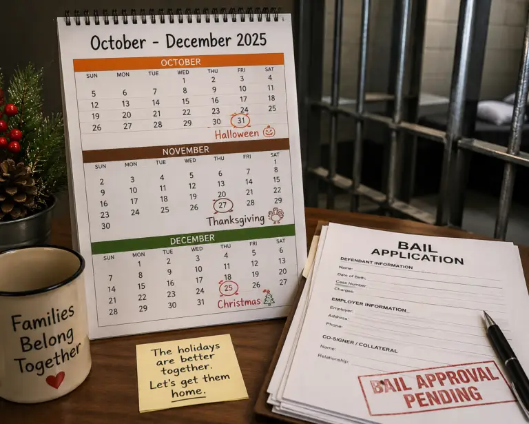 Calendar marked with holidays (Halloween, Thanksgiving, Christmas) alongside jail bars or bail paperwork.