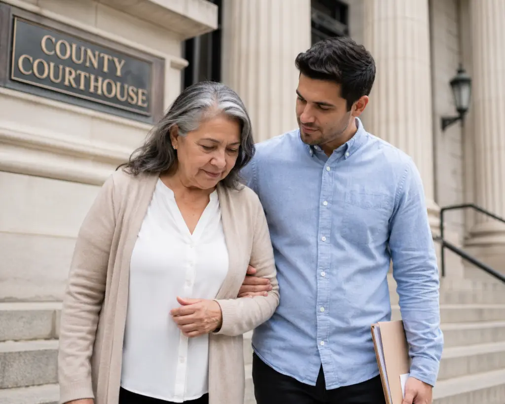 Adult child helping their parent outside a courthouse, symbolizing support and responsibility.