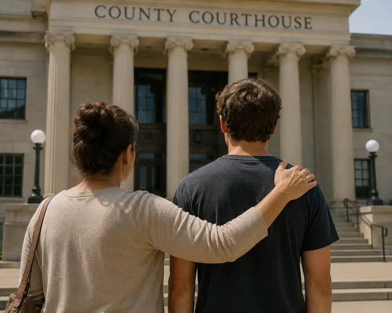 arent and adult child standing in front of a courthouse, symbolizing the bail process.