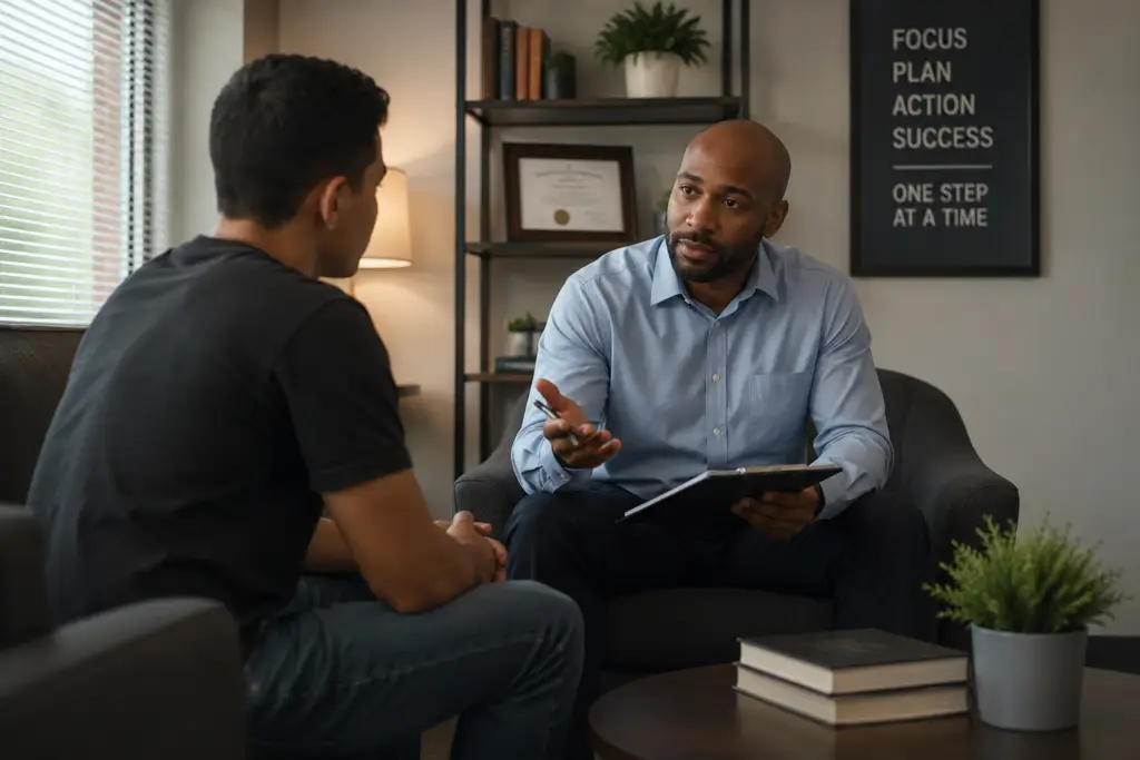 Individual sitting with a counselor or advisor, symbolizing guidance after bail.
