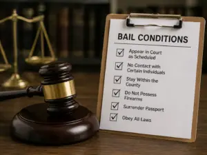 judge’s gavel with a checklist beside it, symbolizing bail conditions set by the court