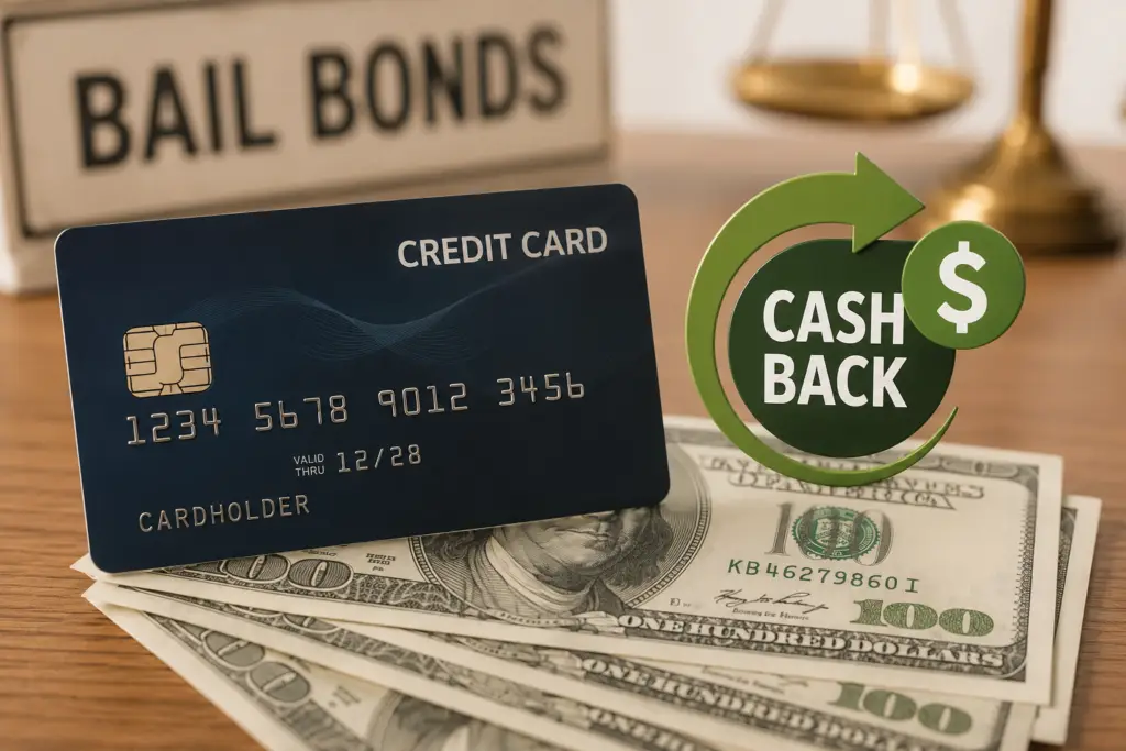 Credit card with dollar bills and a cashback icon, symbolizing earning rewards from bail bond payments.