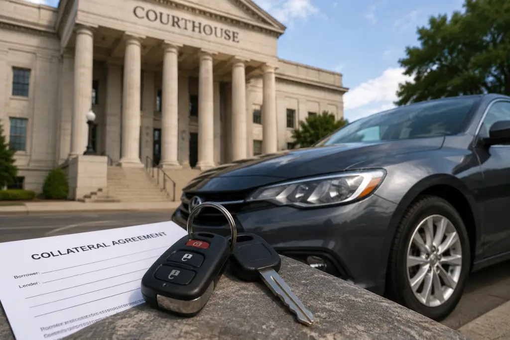 Car keys and a vehicle beside courthouse imagery, representing cars offered as collateral.