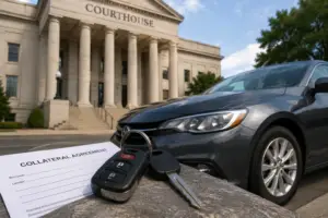Car keys and a vehicle beside courthouse imagery, representing cars offered as collateral.