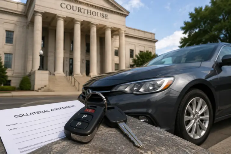 Car keys and a vehicle beside courthouse imagery, representing cars offered as collateral.