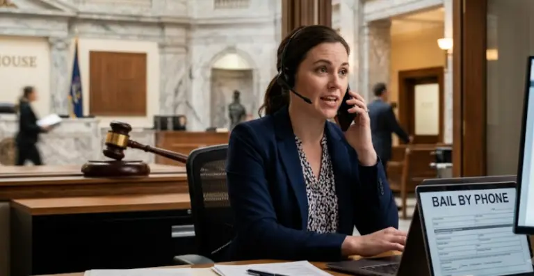 Person speaking on the phone with courthouse or gavel imagery in the background, symbolizing bail by phone.