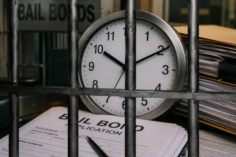 Clock overlayed with jail bars and paperwork, symbolizing faster bail bond processing.