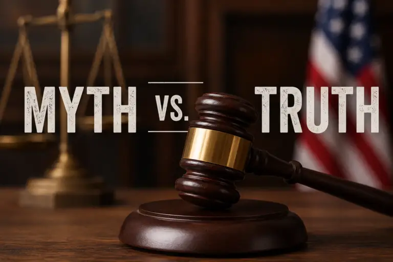 Courtroom gavel with a “myth vs truth” text overlay, symbolizing legal misconceptions.