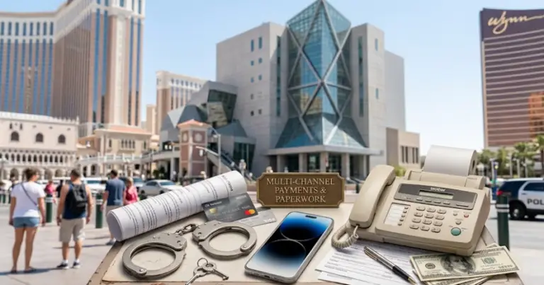 Handcuffs next to a smartphone and fax machine, symbolizing multiple bail bond payment and paperwork options available to tourists.