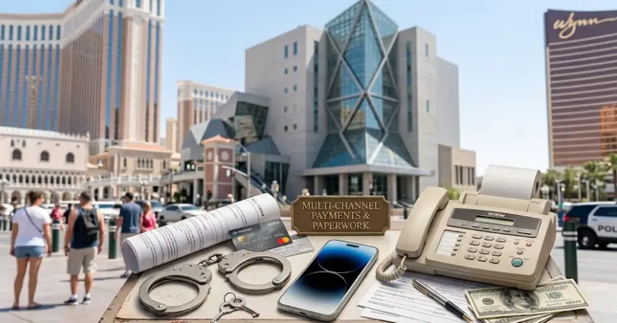 Handcuffs next to a smartphone and fax machine, symbolizing multiple bail bond payment and paperwork options available to tourists.