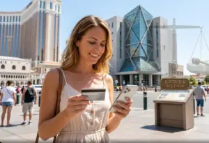 Tourist in Las Vegas holding a credit card and smartphone, with a courthouse or justice scale subtly in the background