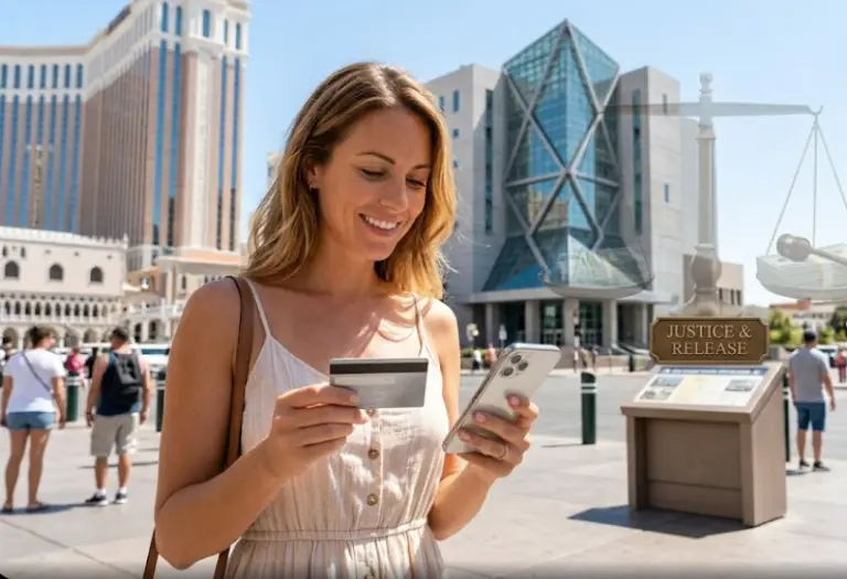 Tourist in Las Vegas holding a credit card and smartphone, with a courthouse or justice scale subtly in the background