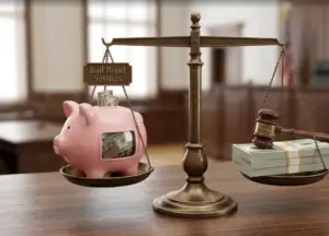 Courtroom gavel and scales of justice combined with a piggy bank, symbolizing bail bond savings.
