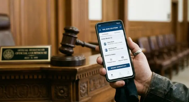 Smartphone showing a bail bond app interface, with subtle imagery of a courthouse or gavel in the background.