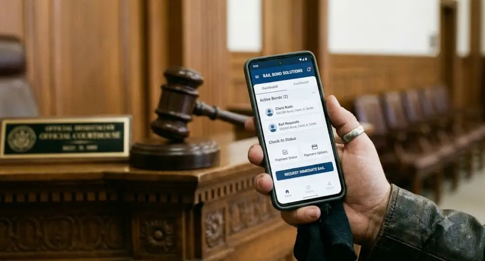 Smartphone showing a bail bond app interface, with subtle imagery of a courthouse or gavel in the background.