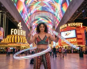 Person hula hooping on Fremont Street in Las Vegas, illustrating unusual local laws.