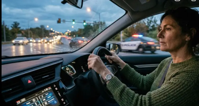 Woman driving a car while under the influence, representing impaired driving risk.